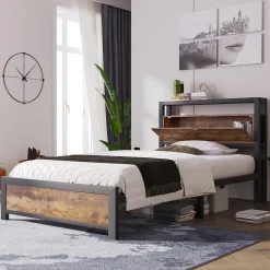 Lit avec rangement 90x200 cm - Lit Simple Cadre de Lit en Métal - avec Sommier à Lattes - Métal - Sans Matelas - Noir