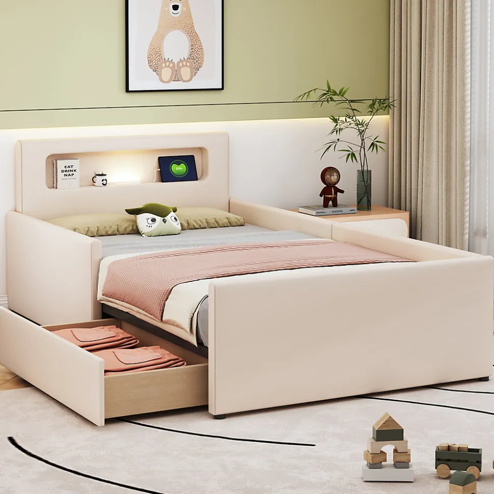 Lit avec rangement 90x200 cm - Lit enfant capitonné avec veilleuse et port USB - Similicuir + Métal - Sans matelas - Beige