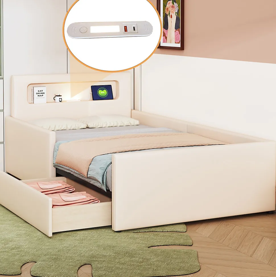Lit avec rangement 90x200 cm - Lit enfant capitonné avec veilleuse et port USB - Similicuir + Métal - Sans matelas - Beige