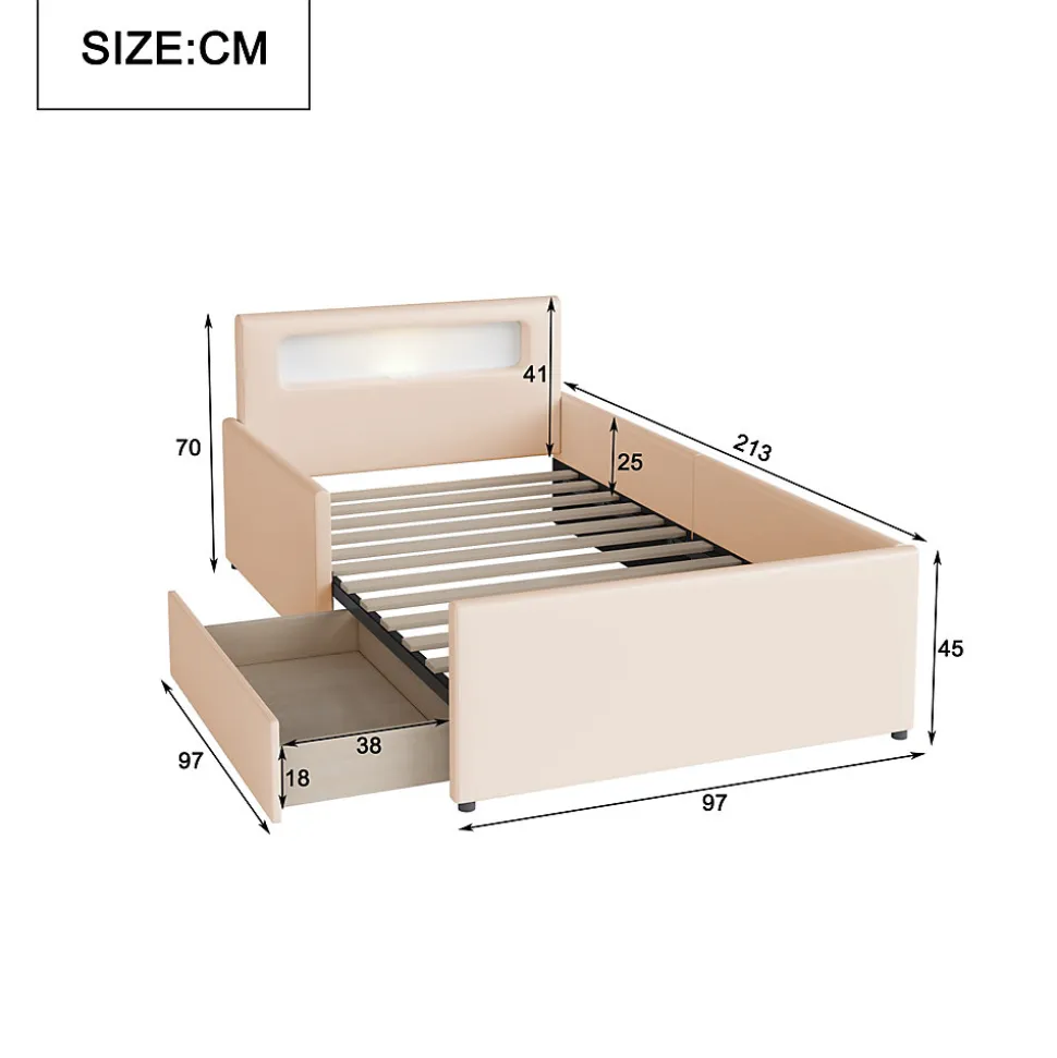 Lit avec rangement 90x200 cm - Lit enfant capitonné avec veilleuse et port USB - Similicuir + Métal - Sans matelas - Beige