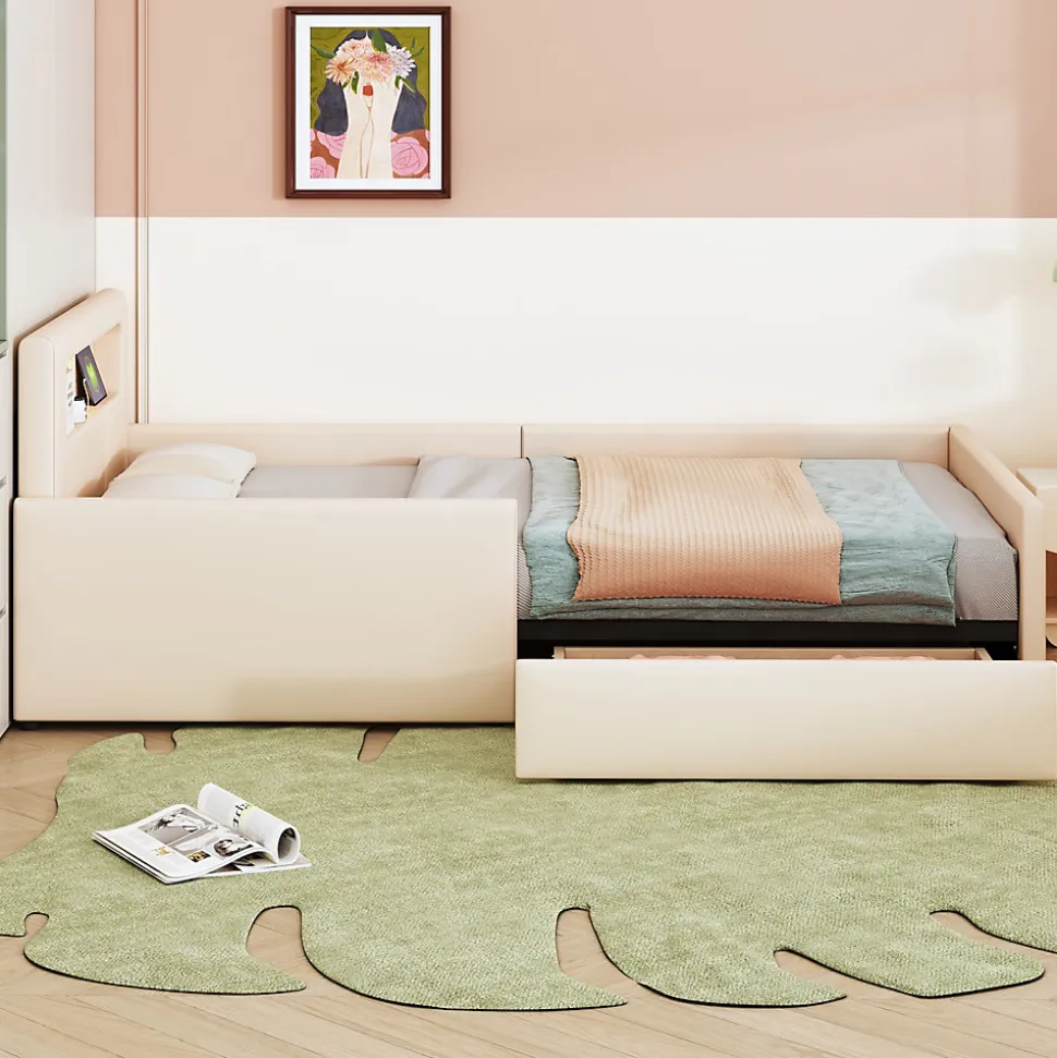 Lit avec rangement 90x200 cm - Lit enfant capitonné avec veilleuse et port USB - Similicuir + Métal - Sans matelas - Beige