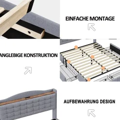 Lit avec Rangement 160x200 cm - Lit Double avec Port USB, Table de Chevet avec 4 Tiroirs, Sans Matelas, Lin, Gris Clair