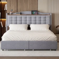 Lit avec Rangement 160x200 cm - Lit Double avec Port USB, Table de Chevet avec 4 Tiroirs, Sans Matelas, Lin, Gris Clair