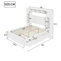 Lit avec Rangement 140x200 cm - Lit Double avec 4 Tiroirs et Placard Spacieux, Bois Massif et MDF, Sans Matelas - Blanc