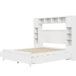 Lit avec Rangement 140x200 cm - Lit Double avec 4 Tiroirs et Placard Spacieux, Bois Massif et MDF, Sans Matelas - Blanc