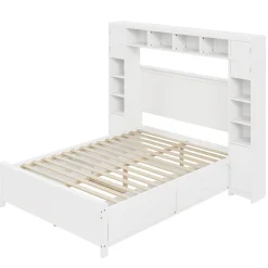 Lit avec Rangement 140x200 cm - Lit Double avec 4 Tiroirs et Placard Spacieux, Bois Massif et MDF, Sans Matelas - Blanc