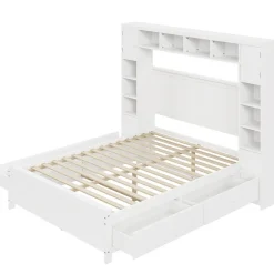Lit avec Rangement 140x200 cm - Lit Double avec 4 Tiroirs et Placard Spacieux, Bois Massif et MDF, Sans Matelas - Blanc