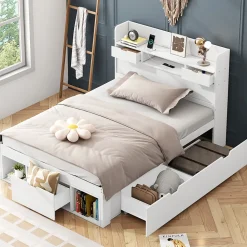 Lit avec Rangement 90x200 cm - Lit Simple avec USB et Tiroirs, Armoire Intégrée - Sans Matelas - Bois Blanc