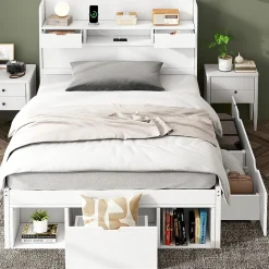 Lit avec Rangement 90x200 cm - Lit Simple avec USB et Tiroirs, Armoire Intégrée - Sans Matelas - Bois Blanc