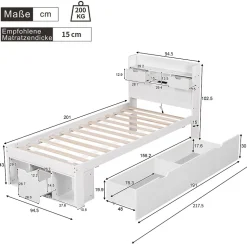 Lit avec Rangement 90x200 cm - Lit Simple avec USB et Tiroirs, Armoire Intégrée - Sans Matelas - Bois Blanc