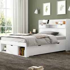 Lit avec Rangement 90x200 cm - Lit Simple avec USB et Tiroirs, Armoire Intégrée - Sans Matelas - Bois Blanc