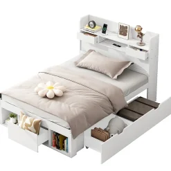 Lit avec Rangement 90x200 cm - Lit Simple avec USB et Tiroirs, Armoire Intégrée - Sans Matelas - Bois Blanc