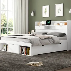 Lit avec Rangement 180x200 cm - Lit Double avec USB et Tiroirs, Armoire Intégrée - Sans Matelas - Bois Blanc