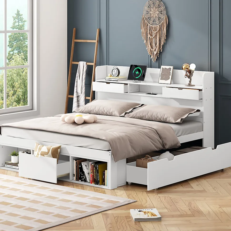 Lit avec Rangement 180x200 cm - Lit Double avec USB et Tiroirs, Armoire Intégrée - Sans Matelas - Bois Blanc