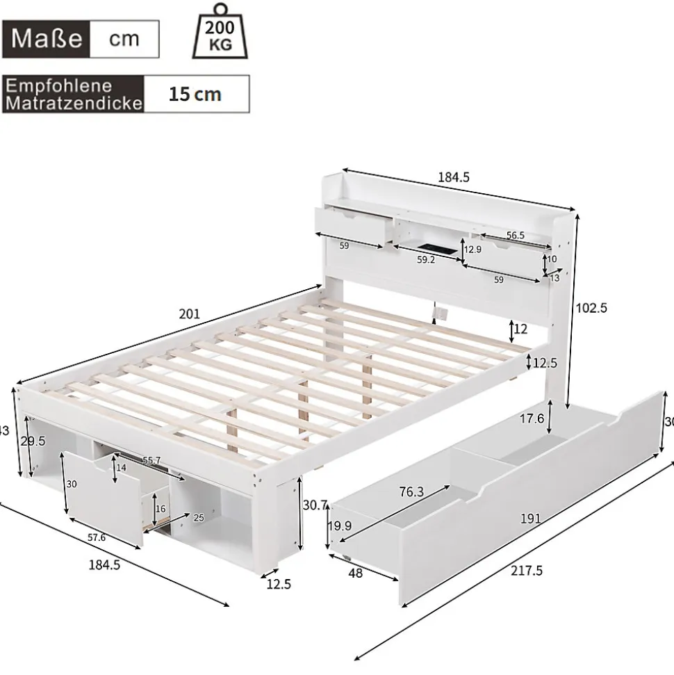 Lit avec Rangement 180x200 cm - Lit Double avec USB et Tiroirs, Armoire Intégrée - Sans Matelas - Bois Blanc