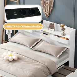 Lit avec Rangement 180x200 cm - Lit Double avec USB et Tiroirs, Armoire Intégrée - Sans Matelas - Bois Blanc
