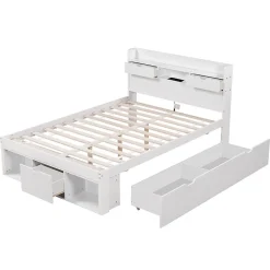 Lit avec Rangement 180x200 cm - Lit Double avec USB et Tiroirs, Armoire Intégrée - Sans Matelas - Bois Blanc