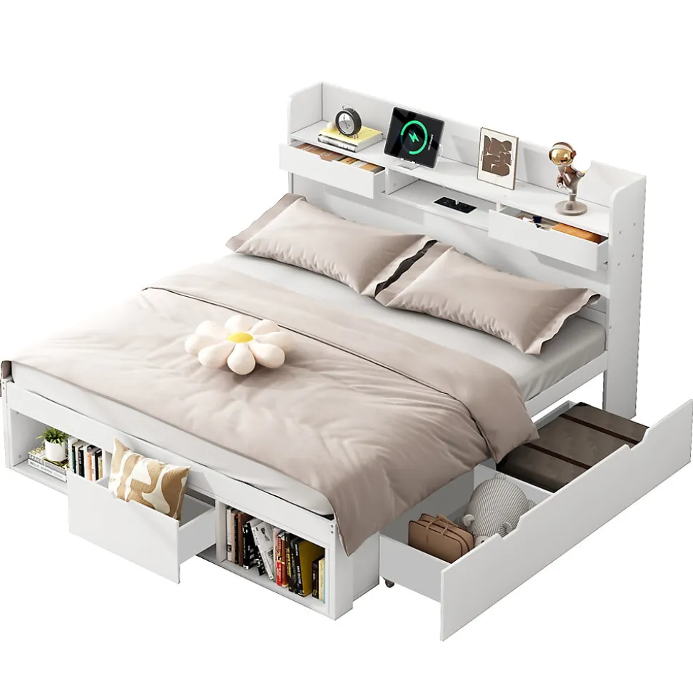 Lit avec Rangement 180x200 cm - Lit Double avec USB et Tiroirs, Armoire Intégrée - Sans Matelas - Bois Blanc
