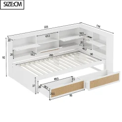 Lit avec Rangement 90x200 cm - Lit Simple enfant avec 2 Tiroirs et Niches de Rangement, Sans Matelas - Bois Massif et MDF Blanc