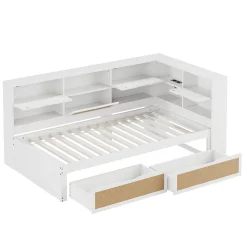 Lit avec Rangement 90x200 cm - Lit Simple enfant avec 2 Tiroirs et Niches de Rangement, Sans Matelas - Bois Massif et MDF Blanc