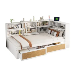 Lit avec Rangement 90x200 cm - Lit Simple enfant avec 2 Tiroirs et Niches de Rangement, Sans Matelas - Bois Massif et MDF Blanc