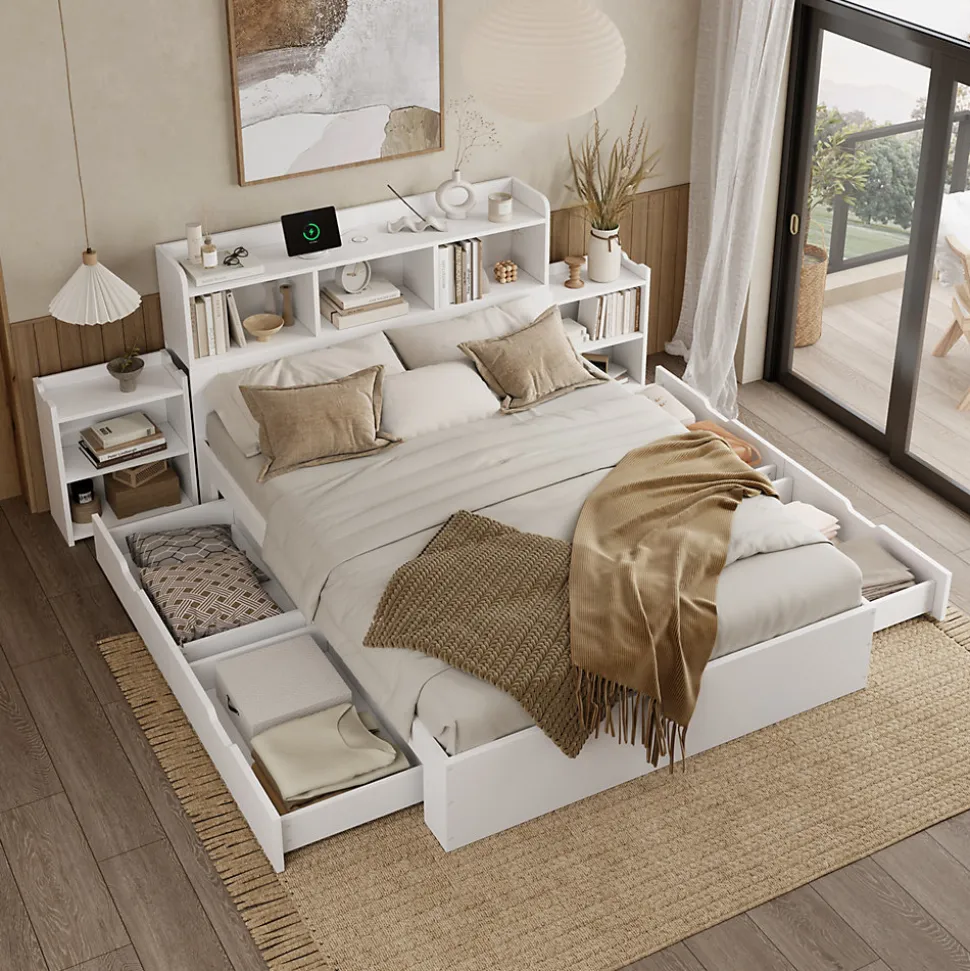 Lit avec Rangement 140x200 cm - Lit Double avec 2 Tables de Nuit Extractibles - MDF Robuste - Sans Matelas - Blanc