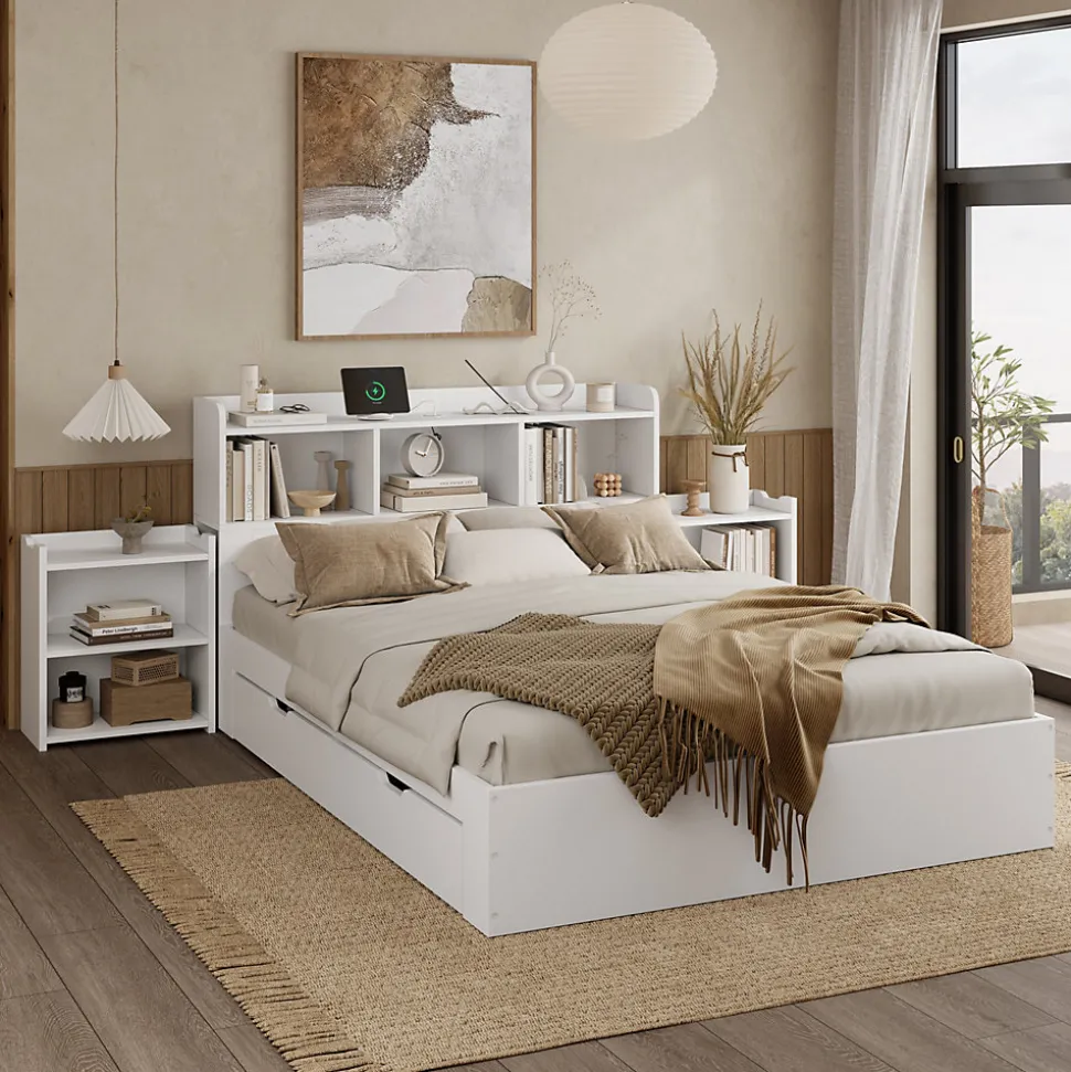 Lit avec Rangement 140x200 cm - Lit Double avec 2 Tables de Nuit Extractibles - MDF Robuste - Sans Matelas - Blanc