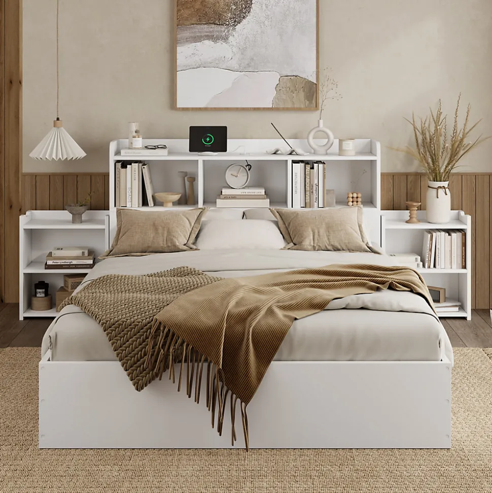 Lit avec Rangement 140x200 cm - Lit Double avec 2 Tables de Nuit Extractibles - MDF Robuste - Sans Matelas - Blanc