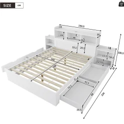 Lit avec Rangement 140x200 cm - Lit Double avec 2 Tables de Nuit Extractibles - MDF Robuste - Sans Matelas - Blanc