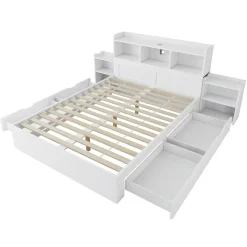 Lit avec Rangement 140x200 cm - Lit Double avec 2 Tables de Nuit Extractibles - MDF Robuste - Sans Matelas - Blanc