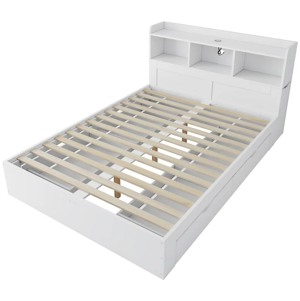 Lit avec Rangement 140x200 cm - Lit Double avec 2 Tables de Nuit Extractibles - MDF Robuste - Sans Matelas - Blanc