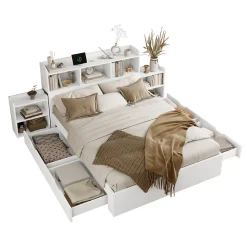 Lit avec Rangement 140x200 cm - Lit Double avec 2 Tables de Nuit Extractibles - MDF Robuste - Sans Matelas - Blanc