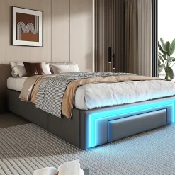 Lit avec rangement 90x200 cm - Lit simple avec 2 tiroirs et bande LED - Sans matelas - Gris