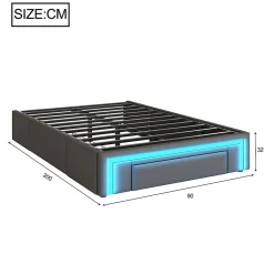 Lit avec rangement 90x200 cm - Lit simple avec 2 tiroirs et bande LED - Sans matelas - Gris