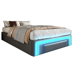 Lit avec rangement 90x200 cm - Lit simple avec 2 tiroirs et bande LED - Sans matelas - Gris