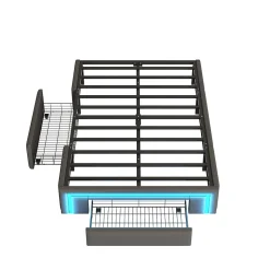 Lit avec rangement 90x200 cm - Lit simple avec 2 tiroirs et bande LED - Sans matelas - Gris