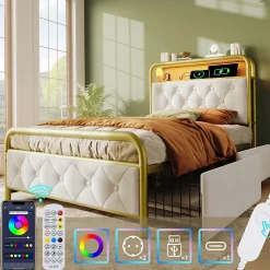 Lit avec Rangement 90x200 cm - Lit Capitonné Simple avec 2 Tiroirs, Prises USB et LED, Velours, Sans Matelas, Blanc