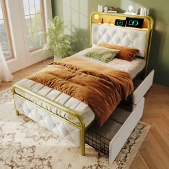 Lit avec Rangement 90x200 cm - Lit Capitonné Simple avec 2 Tiroirs, Prises USB et LED, Velours, Sans Matelas, Blanc