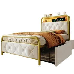 Lit avec Rangement 90x200 cm - Lit Capitonné Simple avec 2 Tiroirs, Prises USB et LED, Velours, Sans Matelas, Blanc