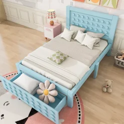 Lit avec rangement 90x200 cm - Lit simple avec tiroirs intégrés et design créatif - en MDF et bois massif - Bleu - Sans matelas