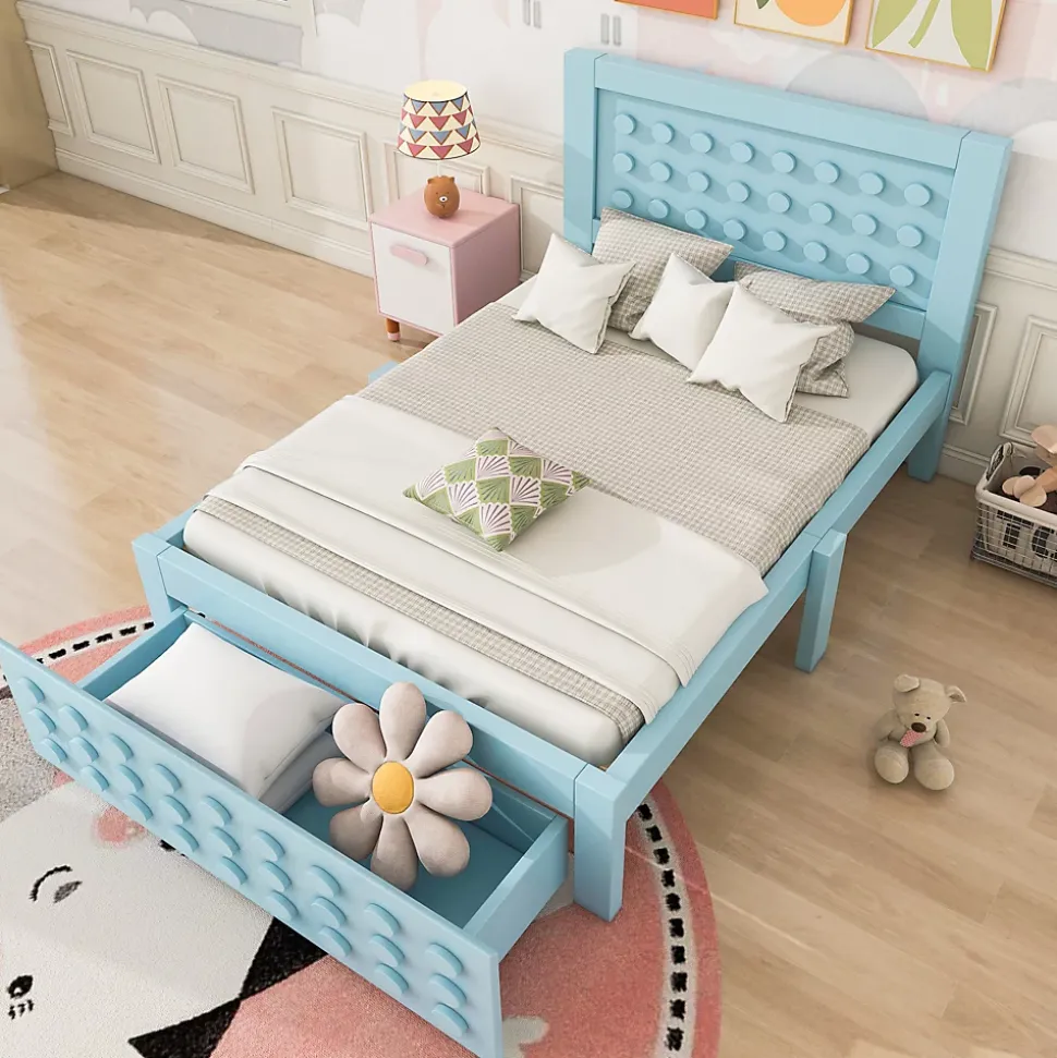 Lit avec rangement 90x200 cm - Lit simple avec tiroirs intégrés et design créatif - en MDF et bois massif - Bleu - Sans matelas