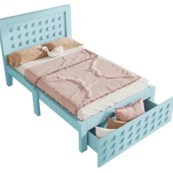 Lit avec rangement 90x200 cm - Lit simple avec tiroirs intégrés et design créatif - en MDF et bois massif - Bleu - Sans matelas