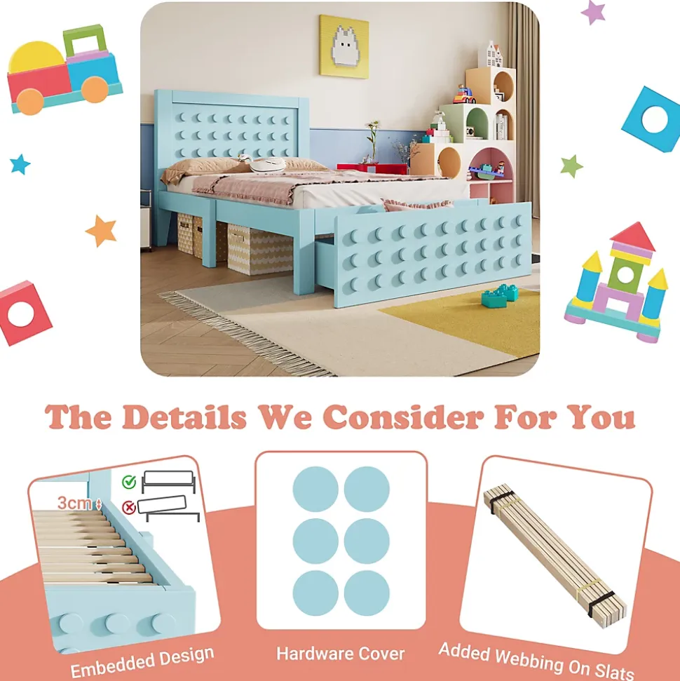 Lit avec rangement 90x200 cm - Lit simple avec tiroirs intégrés et design créatif - en MDF et bois massif - Bleu - Sans matelas