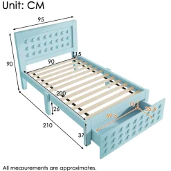 Lit avec rangement 90x200 cm - Lit simple avec tiroirs intégrés et design créatif - en MDF et bois massif - Bleu - Sans matelas