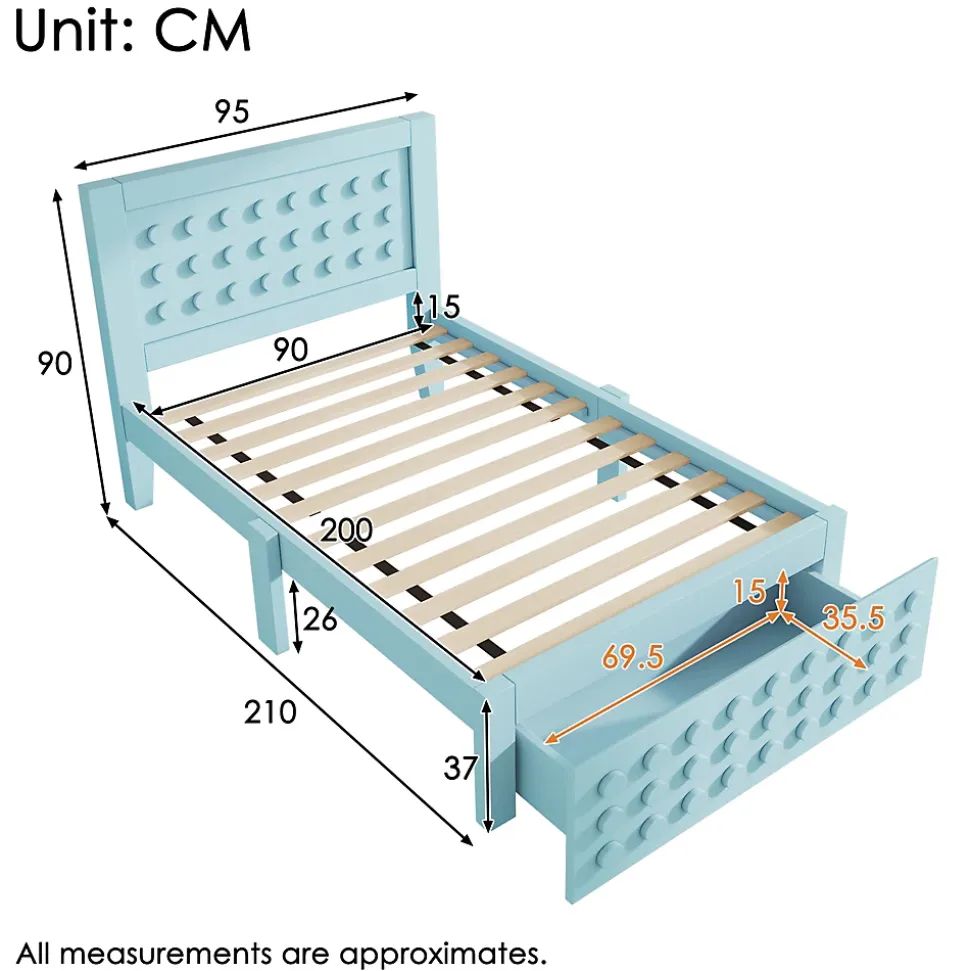 Lit avec rangement 90x200 cm - Lit simple avec tiroirs intégrés et design créatif - en MDF et bois massif - Bleu - Sans matelas