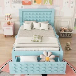 Lit avec rangement 90x200 cm - Lit simple avec tiroirs intégrés et design créatif - en MDF et bois massif - Bleu - Sans matelas