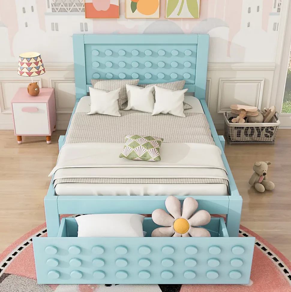 Lit avec rangement 90x200 cm - Lit simple avec tiroirs intégrés et design créatif - en MDF et bois massif - Bleu - Sans matelas