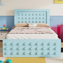 Lit avec rangement 90x200 cm - Lit simple avec tiroirs intégrés et design créatif - en MDF et bois massif - Bleu - Sans matelas