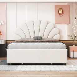 Lit avec rangement 140x200 cm - Lit double tête fleur - Velours - Sans Matelas - Beige