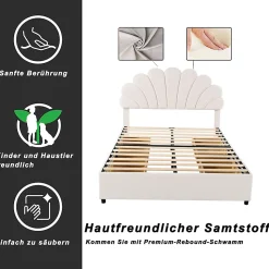 Lit avec rangement 140x200 cm - Lit double tête fleur - Velours - Sans Matelas - Beige